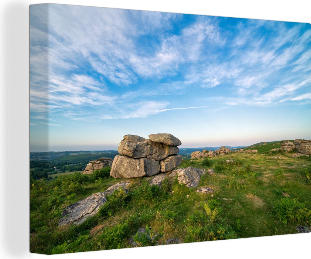 OneMillionCanvasses - Leinwandbilder - 140x90 cm, Felsen in den grünen Mooren des Dartmoor National Park, Wandbilder Kunstdruck Wanddekoration -...