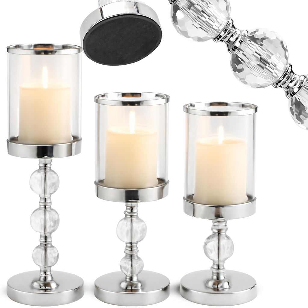 3x Kerzenhalter, Kristall Glas-Kerzenständer 3er Set in Silber / Transparent Glamour, Deko 40,9 cm, Hoch Tischdeko Hochzeit & Weihnachten - Retoo