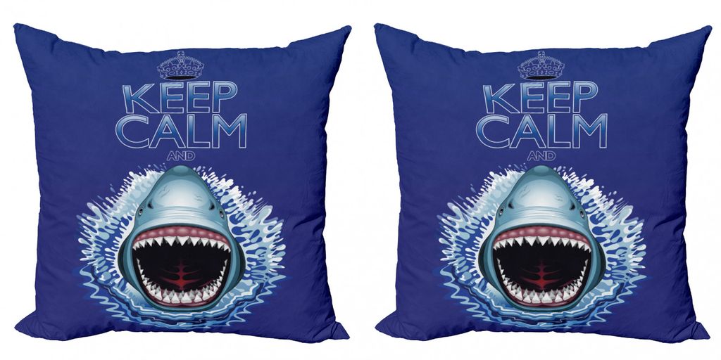 ABAKUHAUS Meerestiere Kissenbezug Set (2Stück), Behalten Sie Ruhe Und Haifisch Kiefer Angriffs Raubjäger Wilde Aquatische Natur, 45x45cm, Blau Weiss