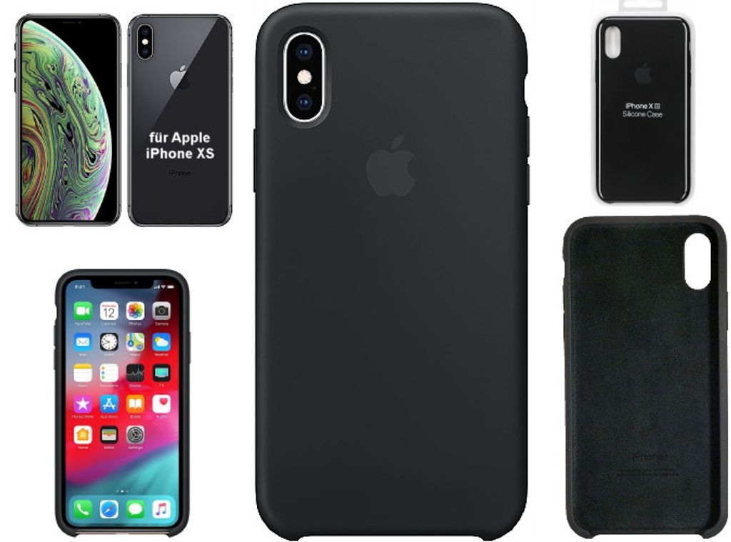 A collage of images showing an iPhone XS and a black silicone case for it.