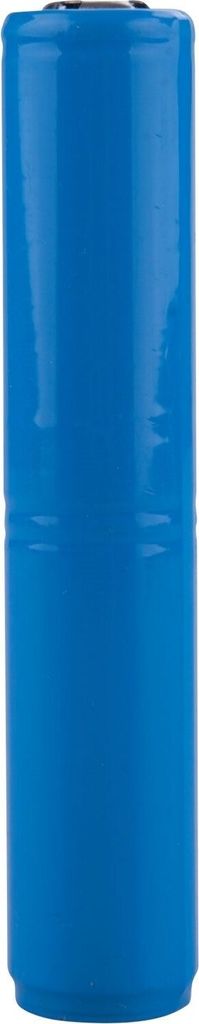 A close-up studio shot of a blue cylindrical battery.