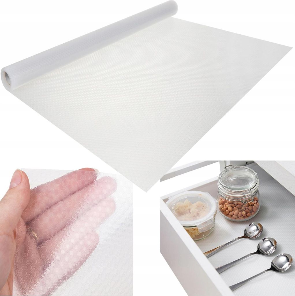 A collage showing a roll of white anti-slip drawer liner, a close-up of the liner texture held by a hand, and a drawer with kitchen items lined with the product.