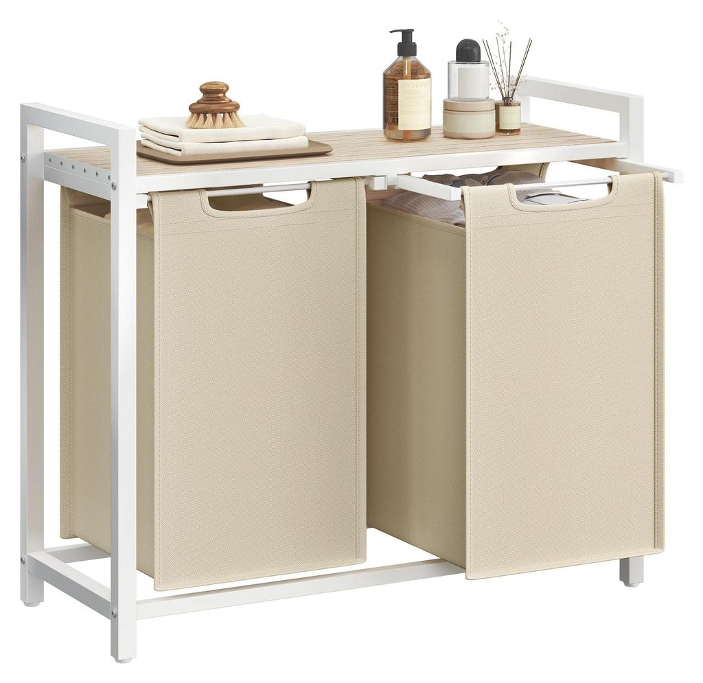Wäschekorb - Wäschesammler 2 Fächer - 2x46 L - Metallrahmen - Herausnehmbare Wäschesäcke - Oxford-Gewebe - Mit Ablage - Beige