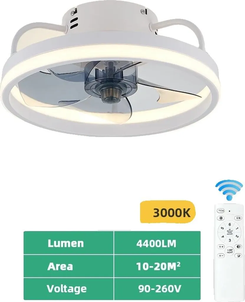 Ventilateur de plafond blanc silencieux pour chambre avec lumière