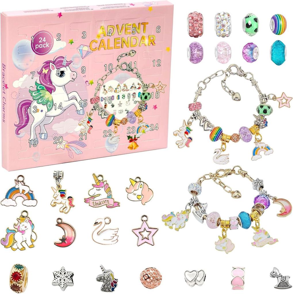 Nilnewuh Adventskalender 2025 Mädchen Schmuck DIY Armband Charms Perlen Einhorn Bastelset Weihnachtskalender Überraschungsgeschenk Frauen Kinder