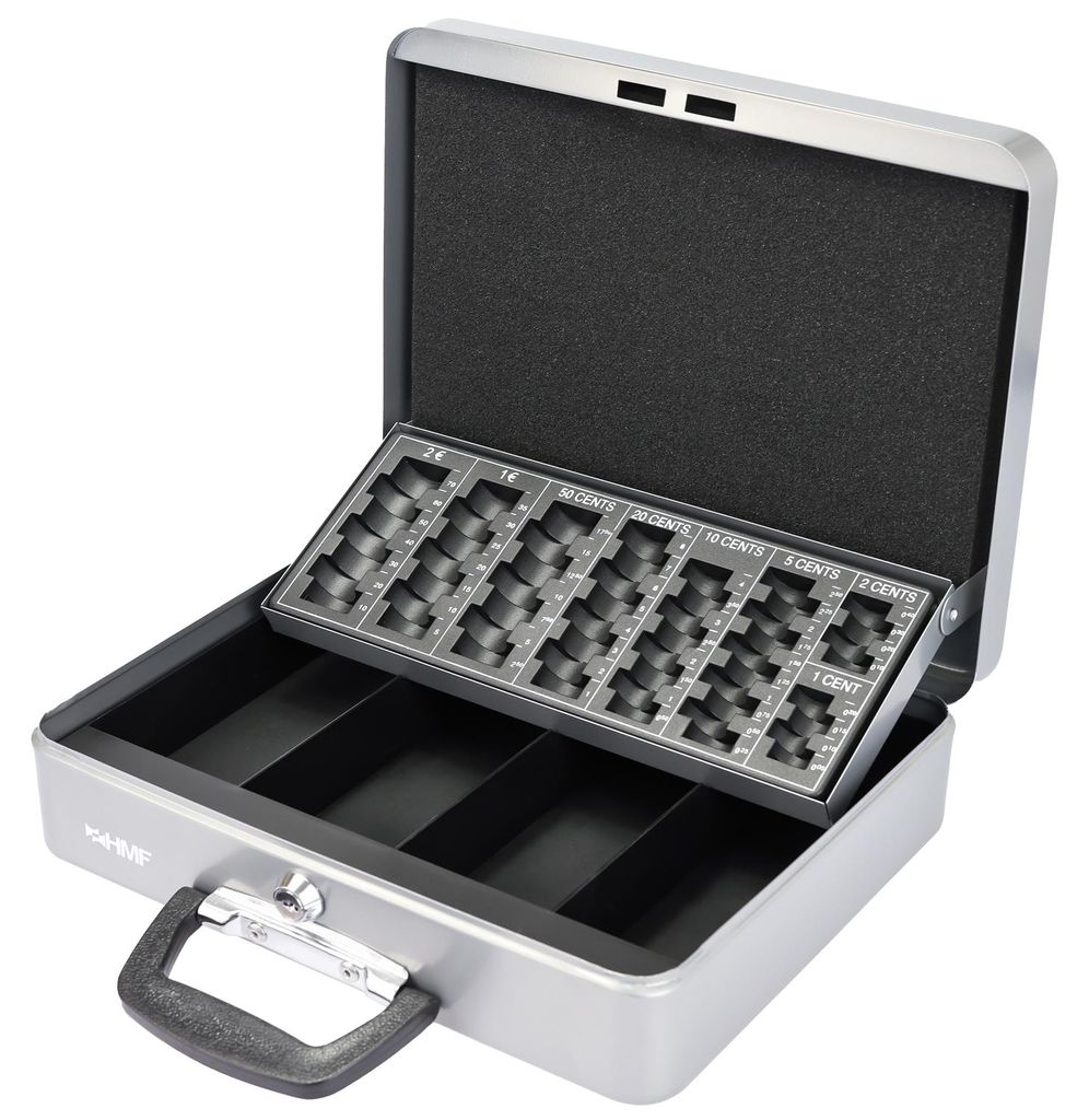 Geldkassette mit Tragegriff von HMF mit 30 cm Breite in Silber