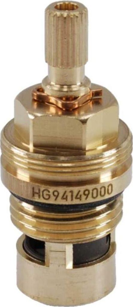 A close-up studio shot of a brass faucet cartridge.