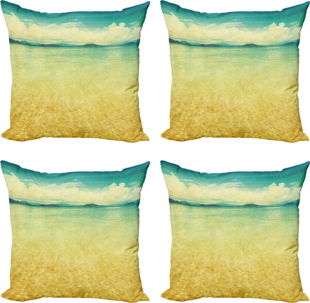 ABAKUHAUS Strand Kissenbezug Set (4 Stück), Vintage Grunge-Meerblick, Moderner Doppelseitiger Digitaldruck, 50 cm x 50 cm, Erde Gelb Türkis