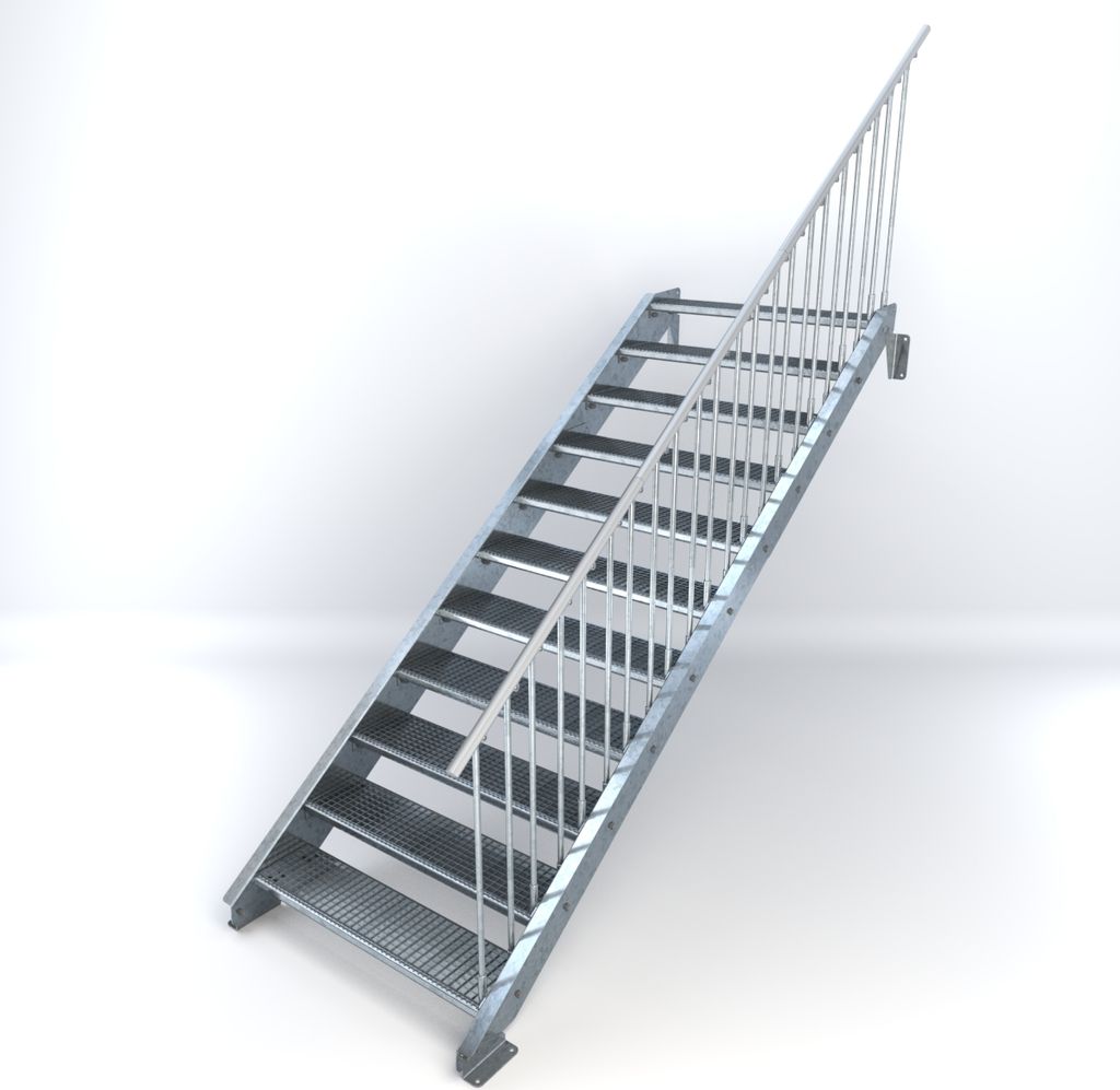 Stahltreppe 11 Stufen bis Höhe 220 cm, Laufbreite : 110 cm Geländer rechts ST 3 (31 / 9 mm schmal)