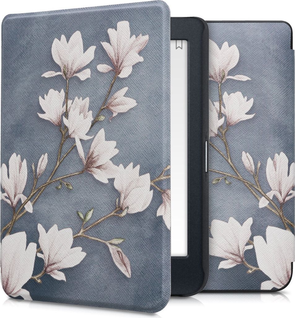 kwmobile Schutzhülle für Kobo Nia Hülle - eReader Flip Case mit Auto Sleep Funktion - Magnolien mit Taupe Weiß Blaugrau