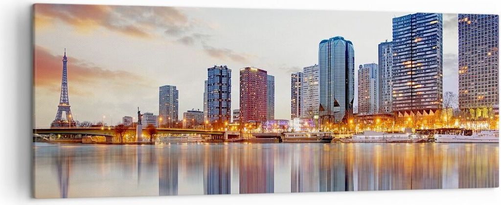 Bild auf Leinwand - Leinwandbild - Fluss Wolkenkratzer Ansicht Eiffle - 140x50cm - Wand Bild - Wanddeko - Leinwanddruck - Bilder - Kunstdruck - Lei...