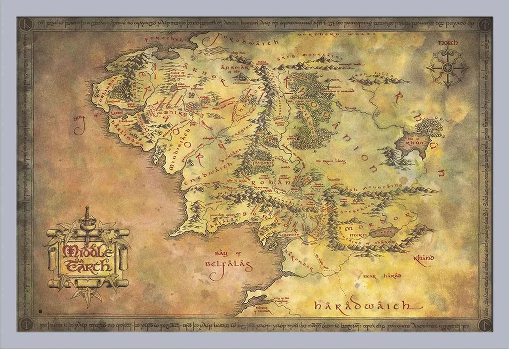 Tableau Seigneur des Anneaux Carte de la Terre du Milieu Sous Cadre Argent