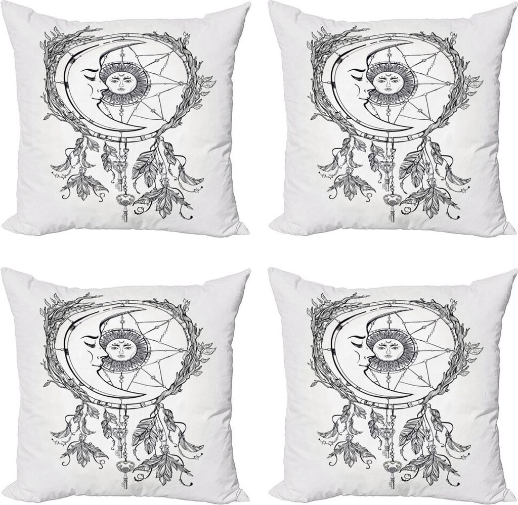ABAKUHAUS Mystiker Kissenbezug Set (4 Stück), Traumfänger Mond, Moderner Doppelseitiger Digitaldruck, 60 cm x 60 cm, Schwarz-Weiss