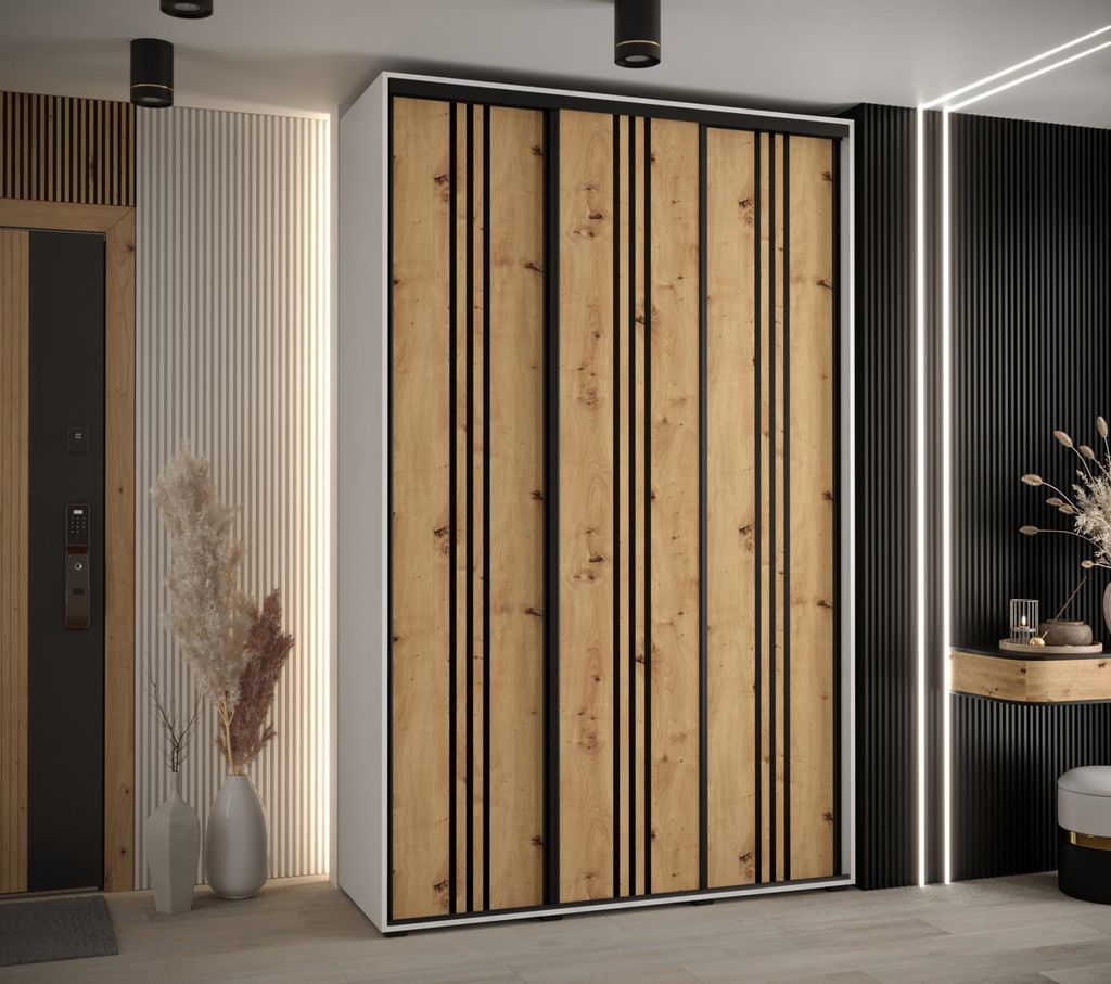 Kleiderschrank YVONA 6 - 150/45 cm, weiß / Eiche handwerklich / schwarz