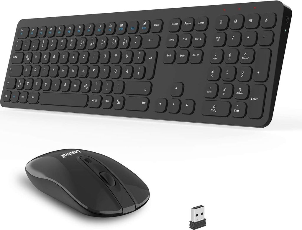 Tastatur Maus Set Kabellos,Ergonomische Maus und Tastatur,Funk PC Tastatur und Maus in Voller Größe, Deutsch QWERTZ-Layout, Leise 12 FN-Tasten