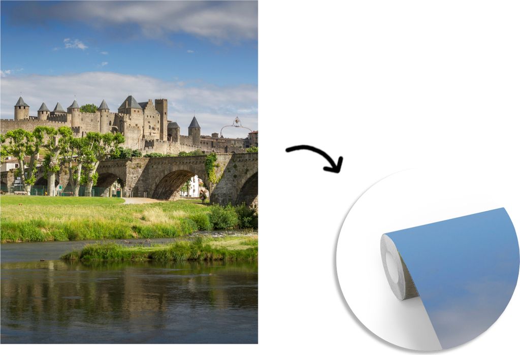 MuchoWow Fototapete für Wohnzimmer oder Schlafzimmer Wandtapete Vinyl Motivtapete Carcassonne - Fluss - Schloss - 165x220 cm - Wanddekorationen