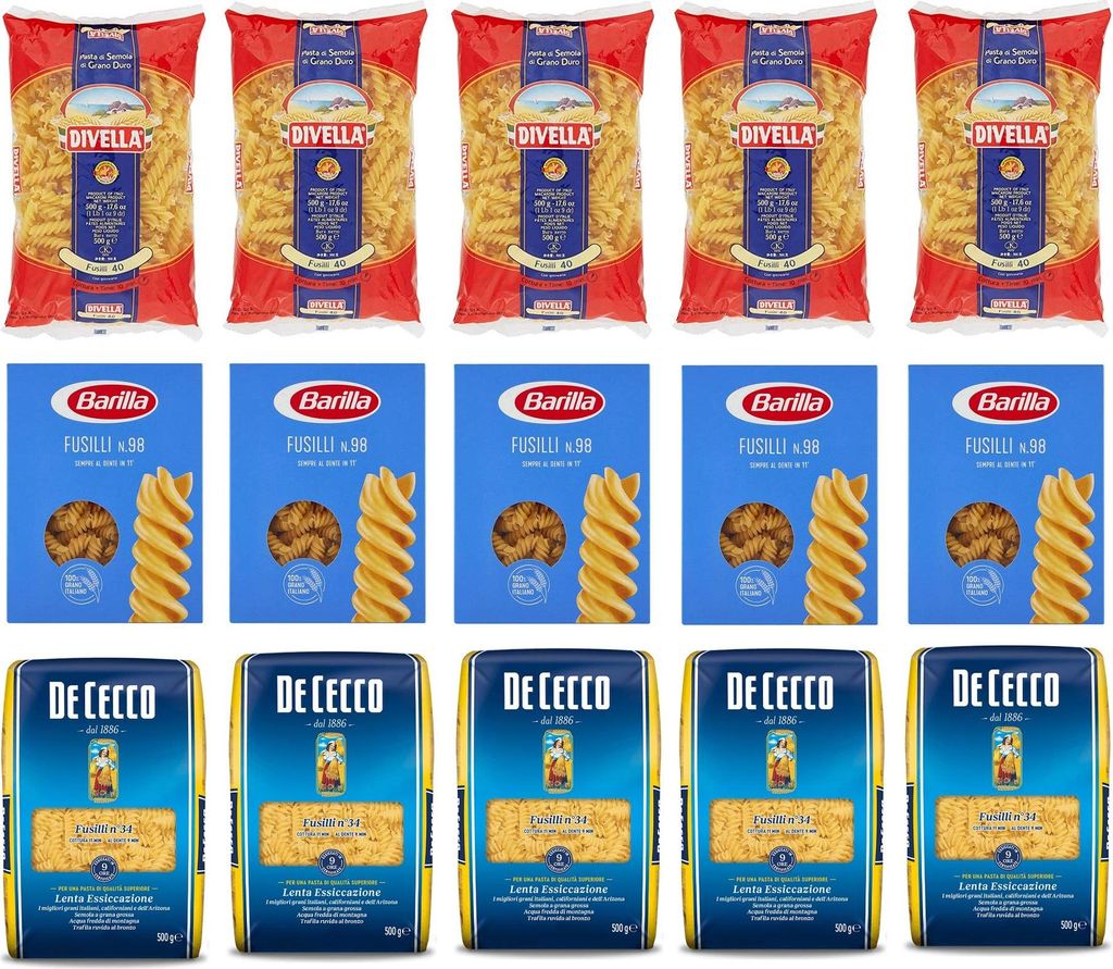 Testpaket Fusilli Barilla Divella De Cecco Italienische Kurze Pasta ( 15 x 500g ) Nudeln