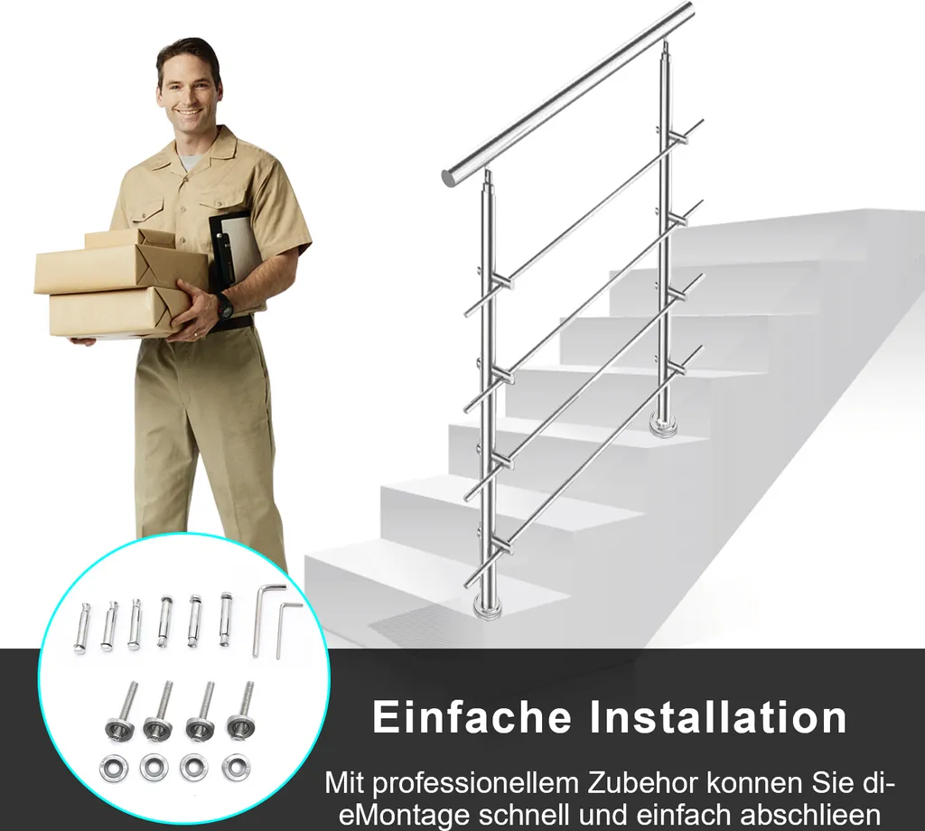 kit ringhiera corrimano in acciaio inox karpal con/senza traverse per ringhiere di scale interne ed esterne, balcone (120 cm, senza traverse) - 4