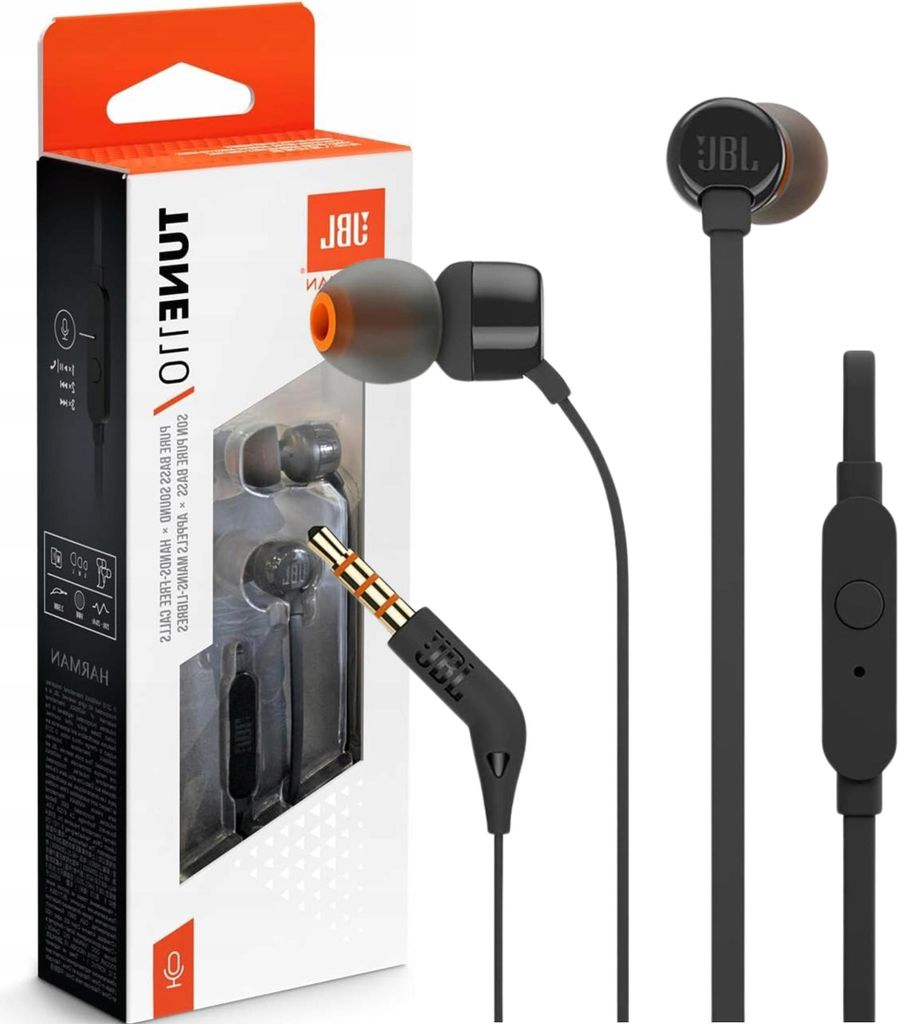 Słuchawki douszne JBL T110, mikrofon, zestaw słuchawkowy, Zdjęcie produktu 