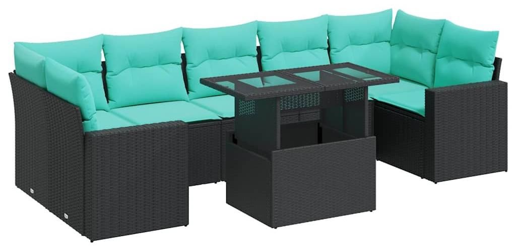 vidaXL 8-tlg. Garten-Sofagarnitur mit Kissen Schwarz Poly Rattan
