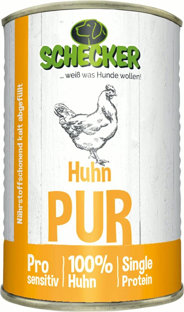 48 x 410 g - Schecker Nassfutter - Huhn PUR - getreidefrei - Dosenfutter 100% Huhn