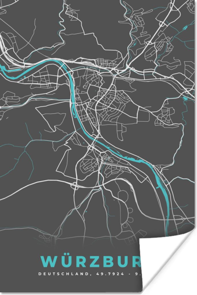 MuchoWow Poster Blau - Deutschland - Karte - Stadtplan - Würzburg 20x30 cm - Papierdruck