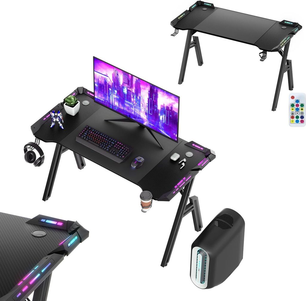 TWOLIIN Gaming Schreibtisch 120 x 60cm Gamer Tisch A-f?rmiger Kohlefaseroberfl?che Computertisch mit RGB LED-Licht, Ergonomischer Eckschreibtisch m...