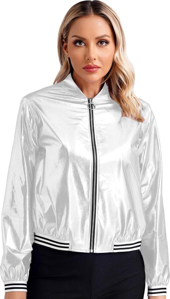 Damen Holographic Glitzer Jacke Bomberjacke Gr. XXL – Metallic Silber, Langarmig – Party, Karneval, Halloween, Fasching