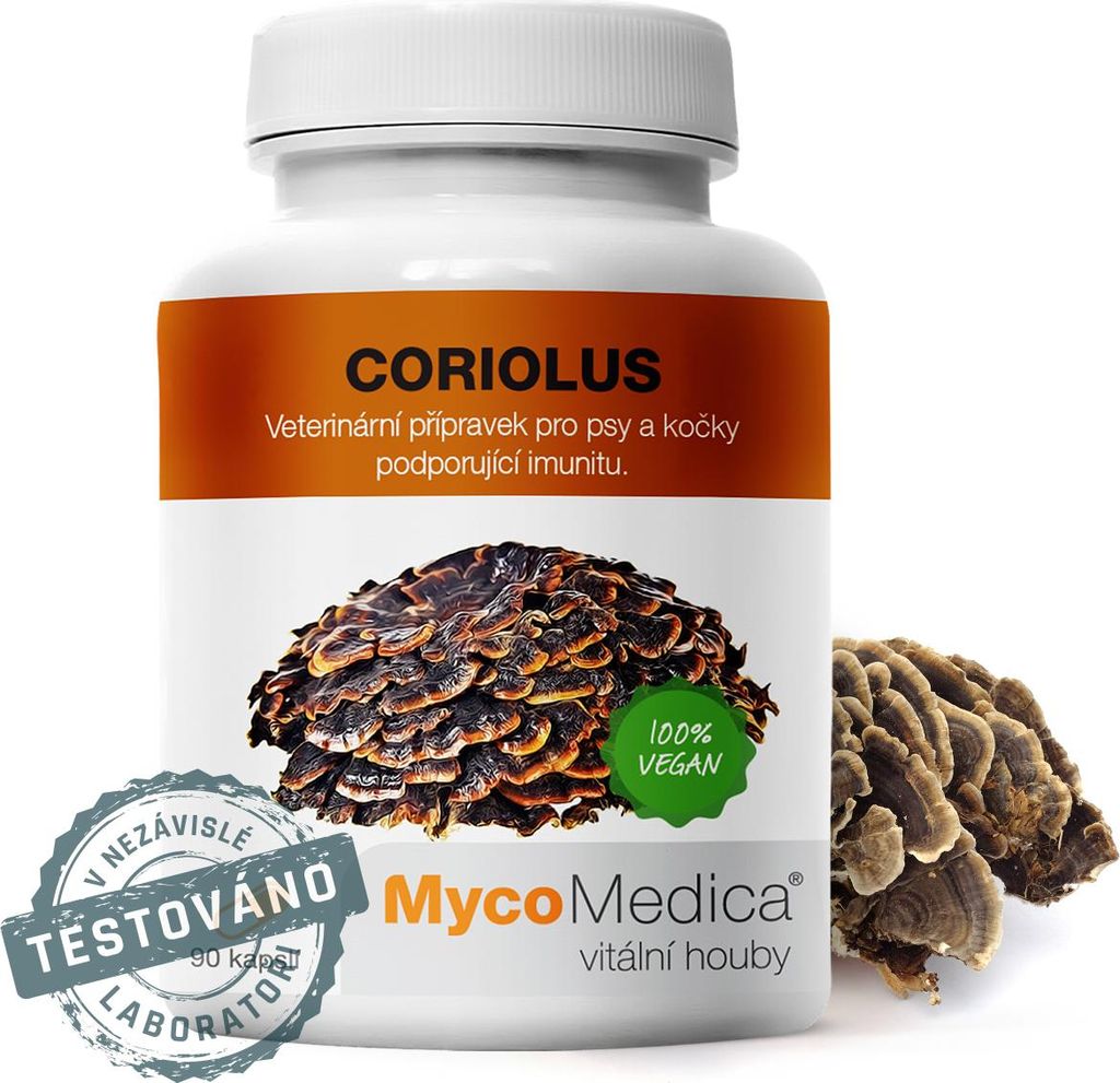 A bottle of Coriolus supplement with a mushroom image and text.