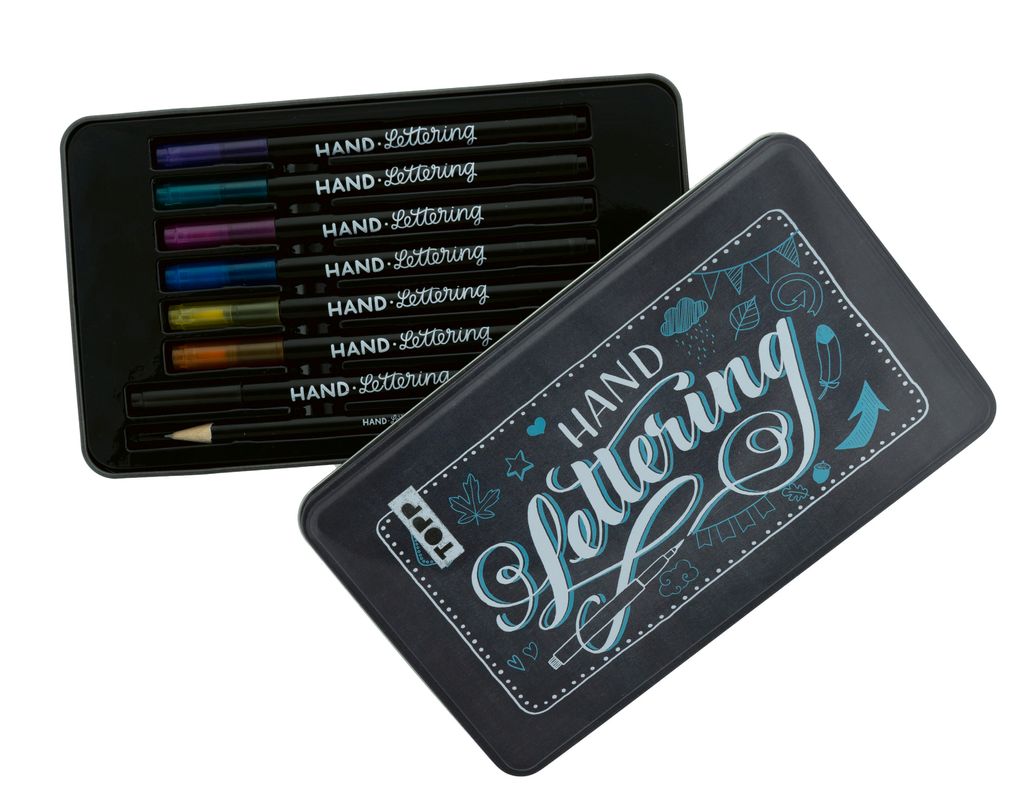 Handlettering Designdose Brush Pens – Set In Scatola Metallo Con 6 Pennelli A Punta Fine E 5 Carte Design, Colori Pastello