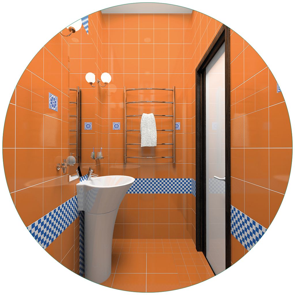 Wallario Premium Glasbild, freischwebende Optik, kräftige Farben, rund 50cm Durchmesser, Motiv Modernes Badezimmer in orange mit blauen Fliesen