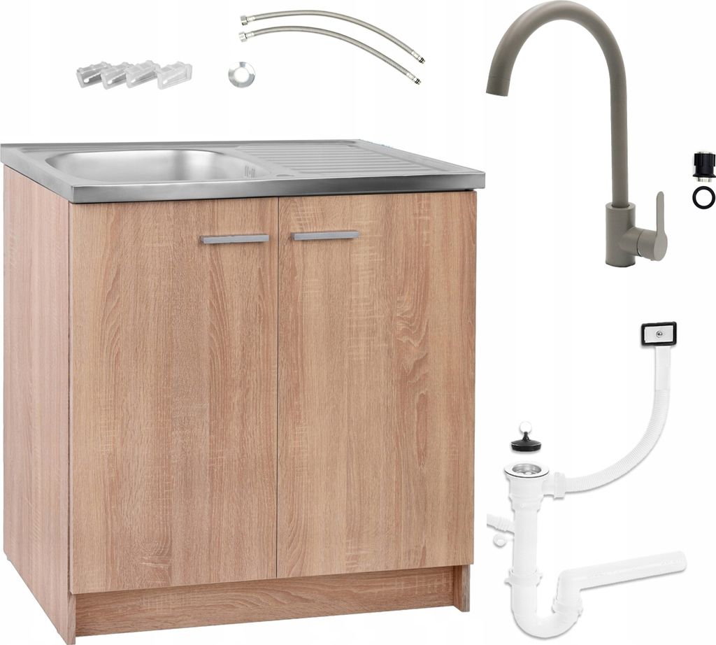 A product shot of a kitchen cabinet with a sink, faucet, and plumbing accessories, all arranged on a white background.