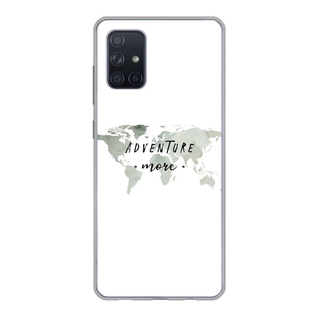 MuchoWow Handyhülle Schutzhülle Hülle für Samsung Galaxy A51 Weltkarte - Grau - Zitate Silikon Softcase Handy Hülle - Schutzabdeckung