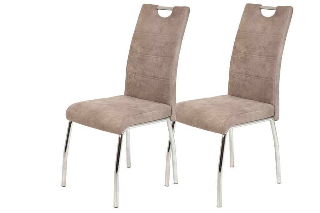 Two beige dining chairs with chrome legs are shown against a white background.