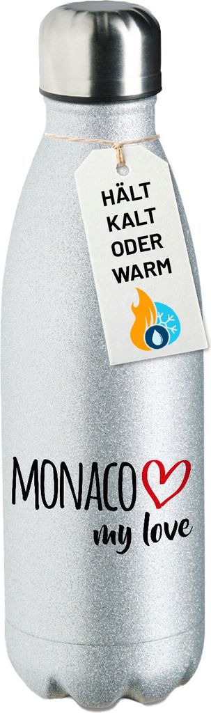 Huuraa Trinkflasche Monaco my love 500ml Silver Edelstahl Wasserflasche Trinkflasche Geschenkidee