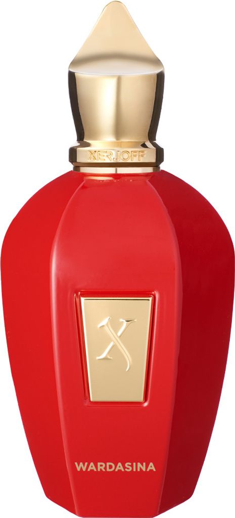 A red perfume bottle with a gold cap and gold emblem on a white background.