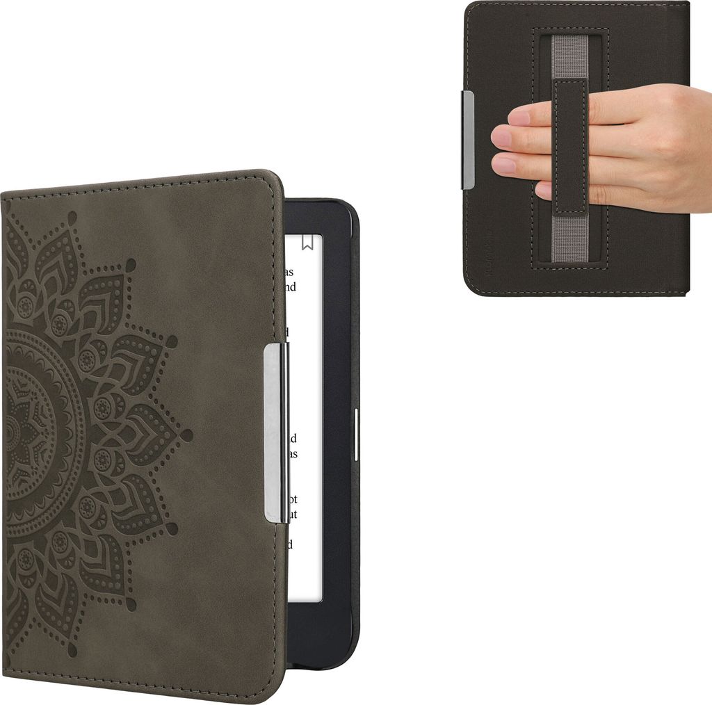 kwmobile Klapphülle kompatibel mit Kobo Clara 2E / Tolino Shine 4 - Hülle aus Kunstleder für eReader - mit Handschlaufe - Aufgehende Sonne Grau