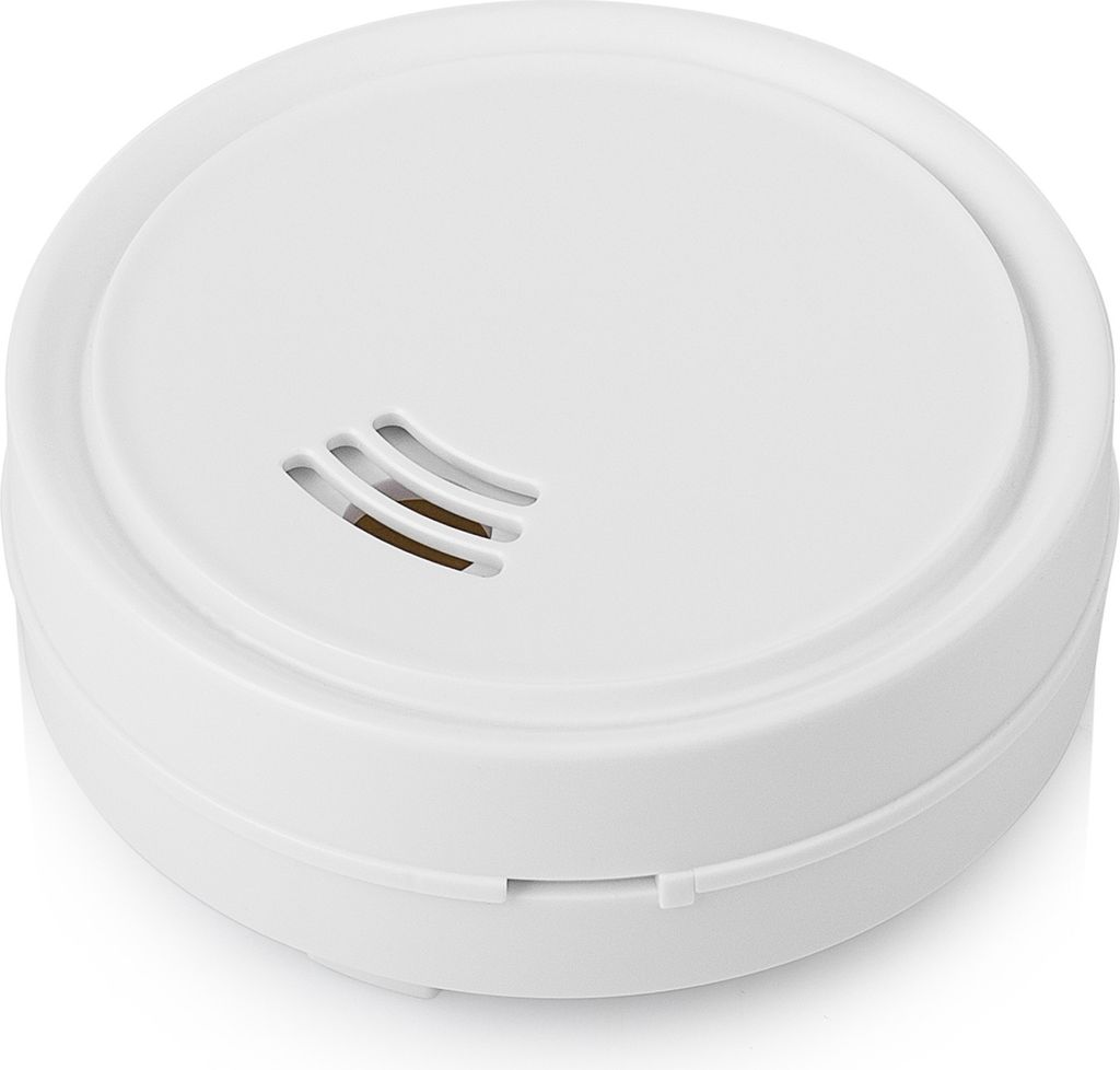 A white smoke detector is shown from a diagonal angle against a white background.