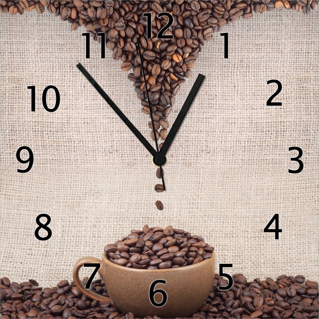 Wallario Design Wanduhr Tasse mit Kaffeebohnen - Kaffeedesign aus Echtglas, Größe 30 x 30 cm