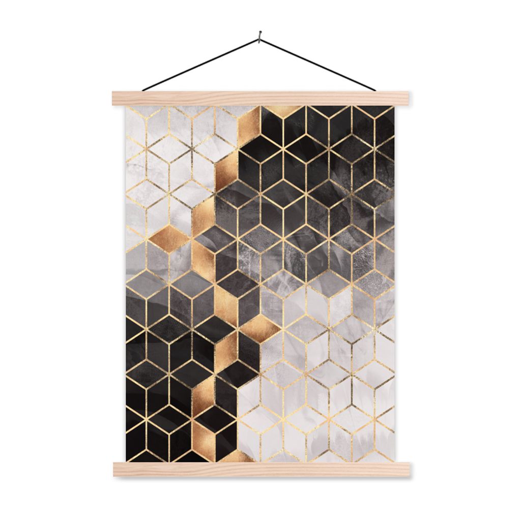 MuchoWow Textilposter Abstrakt - Würfel - Gold - Muster - Schwarz - Weiß 120x160 cm mit holzfarbenen Rahmen - Plakatkarton