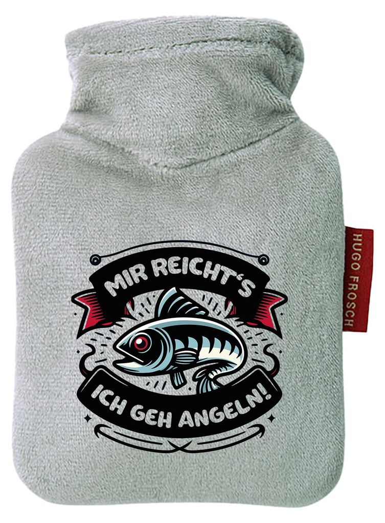 Huuraa Mini-Wärmflasche Mir reichts's ich geh angeln Fisch 0,2 Liter Grey Mini Veloursbezug Taschenwärmer Geschenkidee