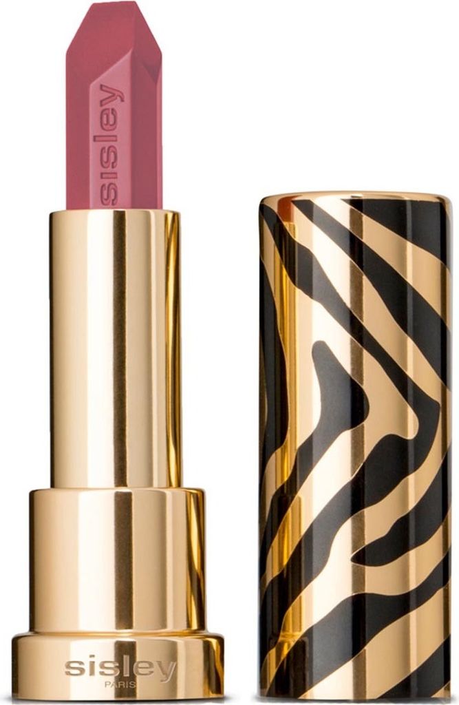 A lipstick with a gold casing and a zebra print cap, shown with the cap off.