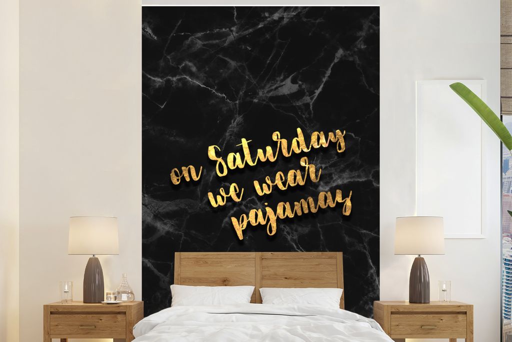 MuchoWow Fototapete für Wohnzimmer oder Schlafzimmer Wandtapete Vinyl Motivtapete Zitate - Pyjamas - Gold - Marmor - 180x280 cm - Wallpaper
