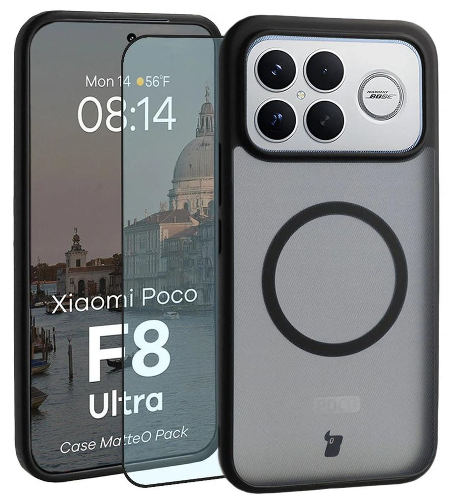 Schutzhülle mit Magnetring + gehärtetem Glas Bizon MatteO Pack für Xiaomi POCO F8 Ultra, Getönt-Schwarz