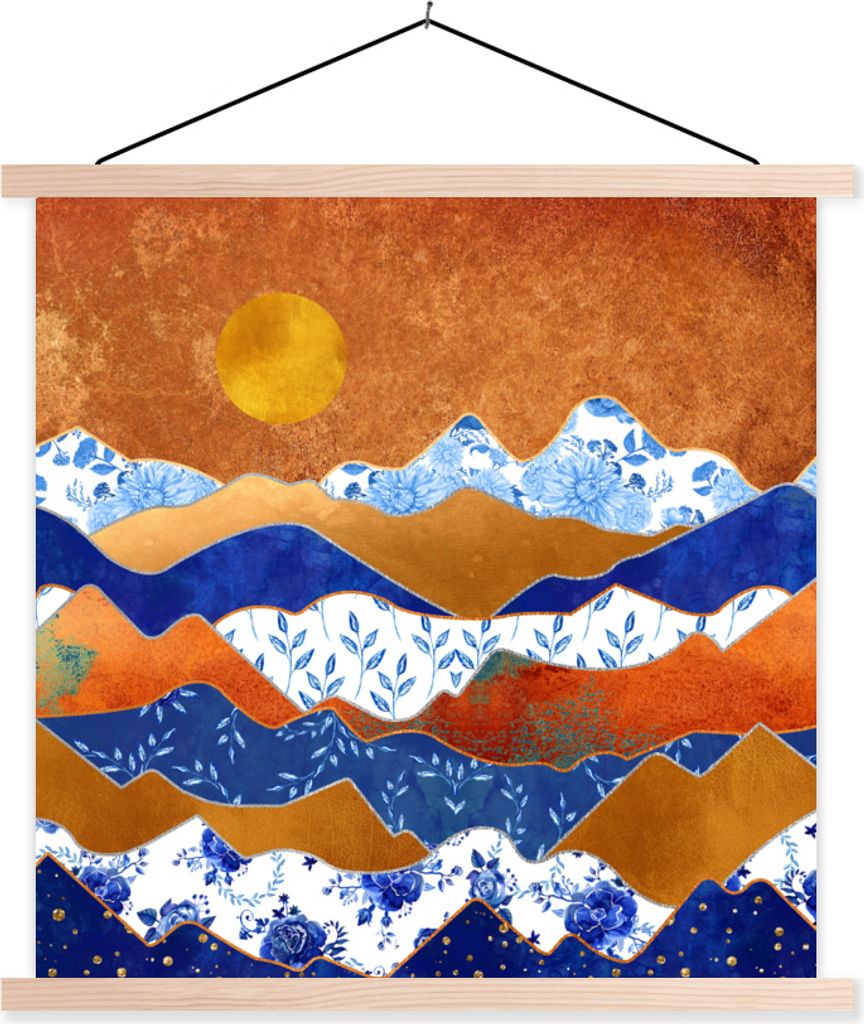 MuchoWow Textilposter Gold - Delfter Blau - Muster 60x60 cm mit holzfarbenen Rahmen - Wanddekoration