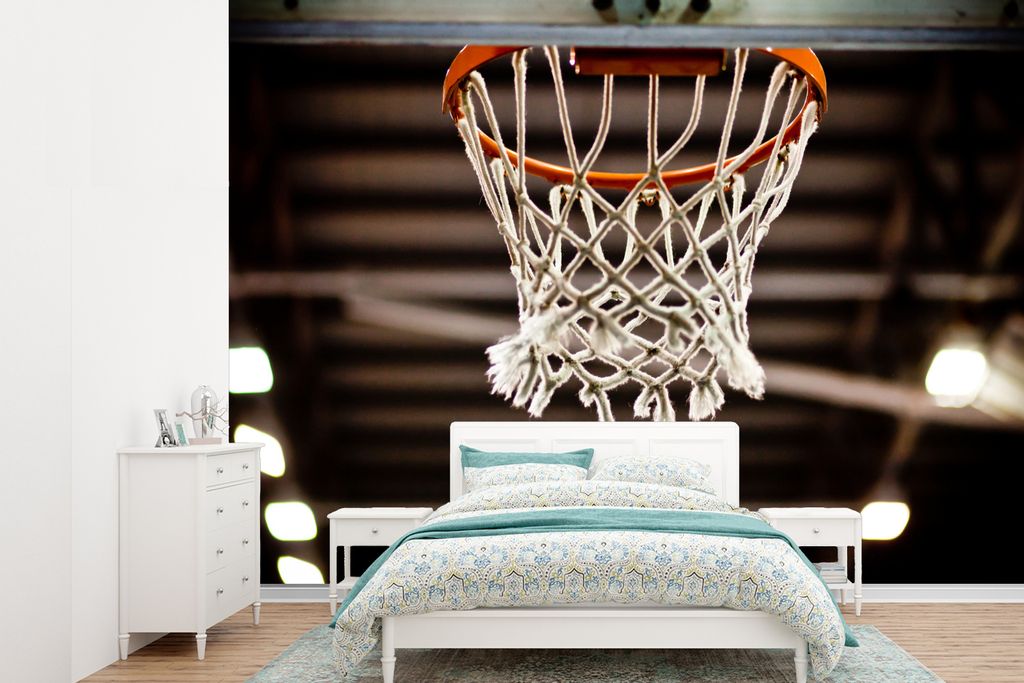MuchoWow Fototapete für Wohnzimmer oder Schlafzimmer Wandtapete Vinyl Motivtapete Ein Basketballnetz aus einem Korb - 385x280 cm - Wallpaper