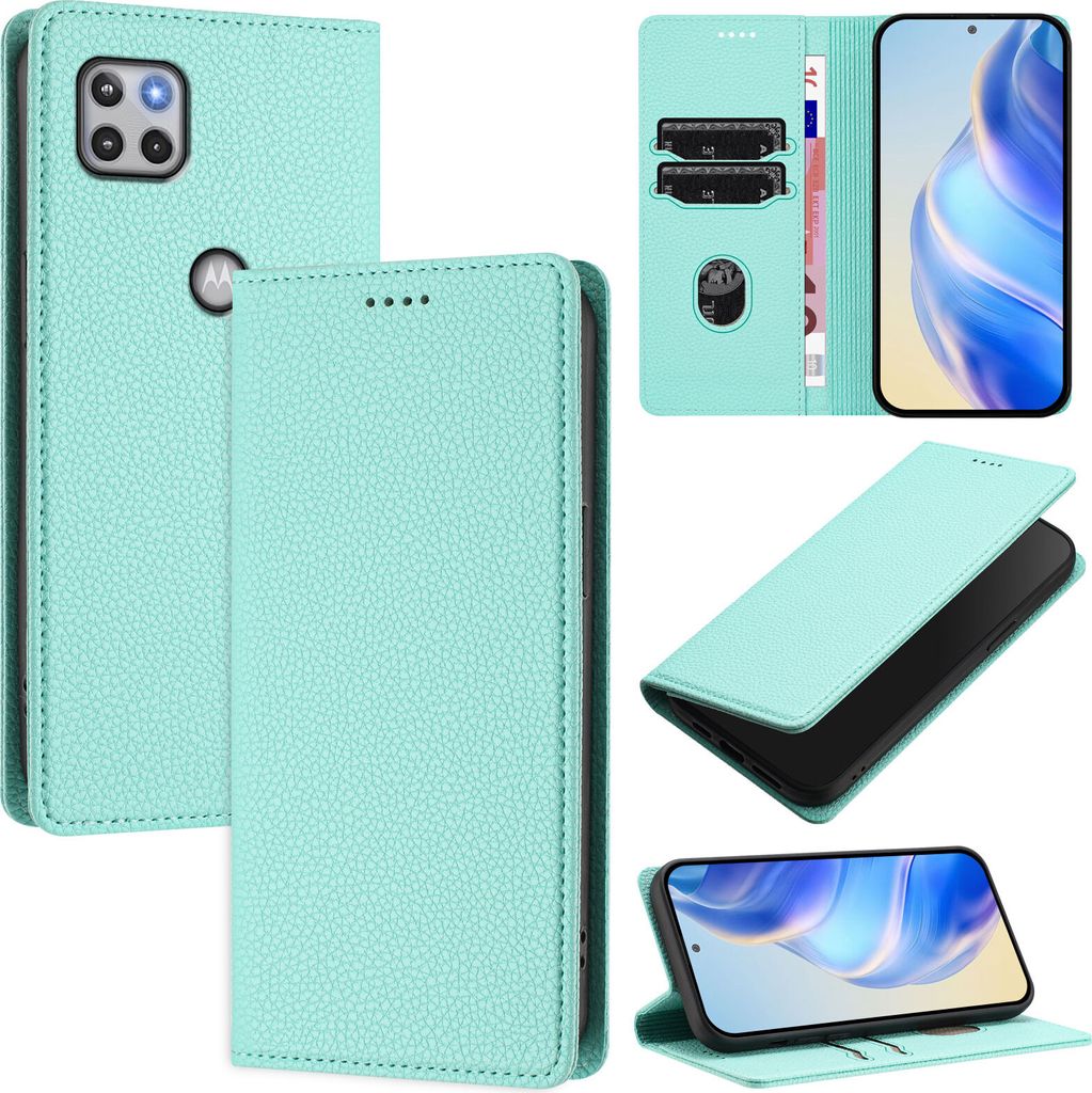Litchi Leder Handyhülle für Motorola One 5G Ace/Moto G 5G 2020 Wallet Kartenfächer Standfunktion Hülle Türkis