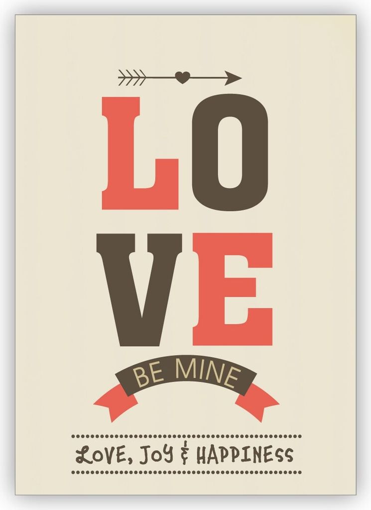 4x Schöne Retro Liebeskarte, Valentinskarte: Love be mine love, joy & happiness