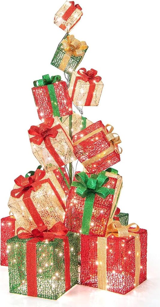 A stack of illuminated gift boxes arranged in a Christmas tree shape.