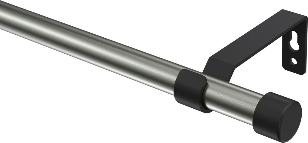 Interdeco Gardinenstange / Vorhangstange Edelstahl-Optik / Schwarz, Typ Olymp Lucan (Kappe), 16 mm Ø 1-läufig, 280 cm